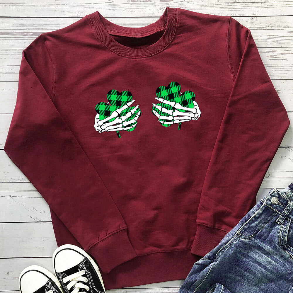 Skeleton Hand Clover Printed Hoodie